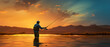 Fishing silhouette symphonic rockfall, in the style of hazy, reportage style, wimmelbilder, stylish

