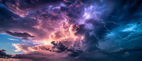 Wall Mural - A stormy sky with multiple cloud to ground lightning strikes. Generative AI