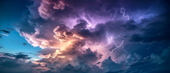 Wall Mural - A stormy sky with multiple cloud to ground lightning strikes. Generative AI