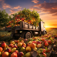 Wall Mural - Vintage truck carrying various types of fruits in an orchard with sunset. Concept of food transportation, logistics and cargo.