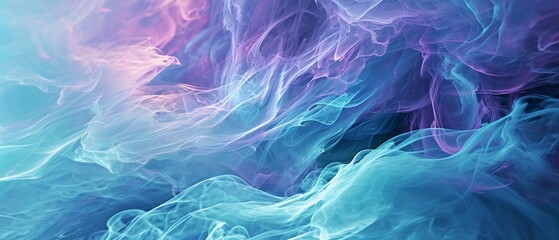 Abstract blue, mint, and purple background with interlaced smoke glitch and distortion effect. Generative AI
