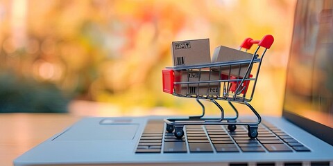 Digital commerce delight. Conceptual showcasing online shopping with laptop shopping cart and basket perfect for marketing retail and e commerce business