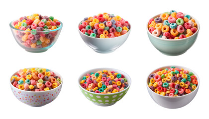 Collection bowl of colorful fruit cereals isolated on a transparent background