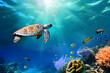 Majestätische Meeresschildkröte in einer bunten Unterwasserlandschaft mit Korallen
