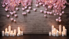 Candles And Flowers With Hanging Hearts On Wooden Background