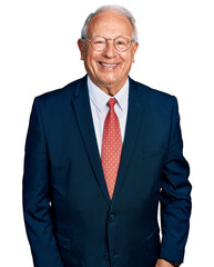 Canvas Print - Senior man with grey hair wearing business suit and glasses with a happy and cool smile on face. lucky person.