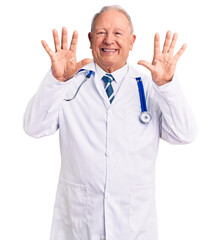 Poster - Senior handsome grey-haired man wearing doctor coat and stethoscope showing and pointing up with fingers number ten while smiling confident and happy.