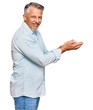 © Krakenimages.com - Middle age grey-haired man wearing casual clothes pointing aside with hands open palms showing copy space, presenting advertisement smiling excited happy