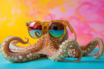 Wall Mural - charming octopus in glasses with smart eyes, with tentacles that spread across. Funny octopus wearing sunglasses in studio with a colorful and bright background.