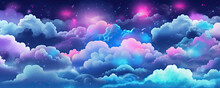 Animation Neon Blue Purple Clouds. Cartoon Sky