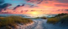 The Magic Of The Beach Path In An Ultra-wide Format, At Dawn, A Coastal Dream Feeling