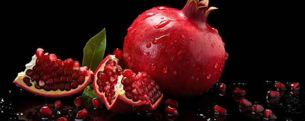 Wall Mural - Red pomegranate fruit on black bacgound. copy space for text.