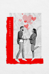 Poster - Vertical collage image of cheerful soulmates jump hold arms true love painted heart symbols isolated on paper background