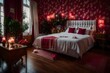 Describe the emotions of a couple rekindling their love in a bedroom adorned with balloons and rose petals.