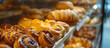 An enticing display of freshly baked pastries glimmers under the warm light of a bakery, inviting a delightful indulgence