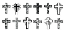 Religion Cross Icon Set Isolated On White Background.  Big Collection Of Christian Symbol Design. Decorated Crosses Signs Or Ornamented Crosses Symbols. Vector Illustration