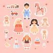 © Ludmila - Collection children toys stickers. Cute Kids doll toys girls and funny boy, plush animals, rocking horse, pyramid, car, train, cubes, pacifier and rattle
