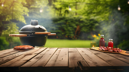 BBq grill in the back yard background with empty wooden table