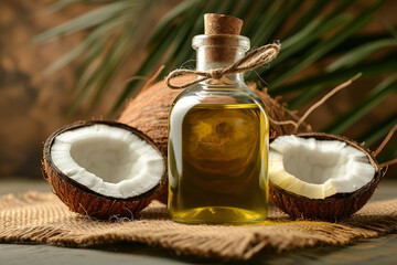 Canvas Print - Coconut palm oil in a bottle with coconuts on brown background