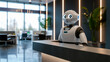 AI robot ready to assist in a modern hotel lobby. Shallow field of view.
