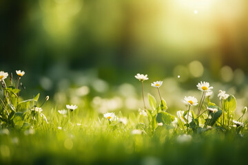 Green grass and spring flowers on a blurred background