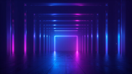 3D realistic technology digital cyberpunk podium display neon lighting with glow neon colors lines with lighting effect perspective on dark blue background . 5G network high speed internet wireless