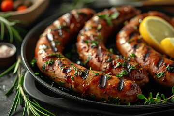 Wall Mural - Grilled juicy sausages on a grill with fire. Shallow depth of field. Photos and menus of cafes and restaurants