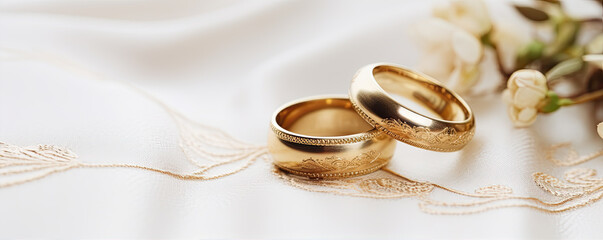 Luxury wedding rings on wedding cardboard. copy space for your text.