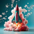 A vibrant pink and turquoise toy rocket, a whimsical plaything that sparks childhood imagination, isolated on a white background, blending fun and futuristic design seamlessly.