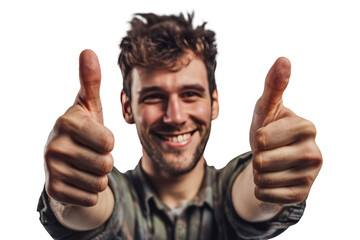 Wall Mural - Joyful man showing approval with thumbs up, cut out - stock png.