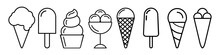 Ice Cream Vector Icon Set. Waffle Cone Illustration Sign Collection. Ice Lolly Symbol. Frozen Juice Logo.
