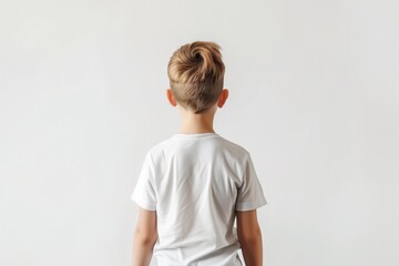 Wall Mural - Mock Up Of A Little Boy In A White T-Shirt On A White Background, Seen From Behind