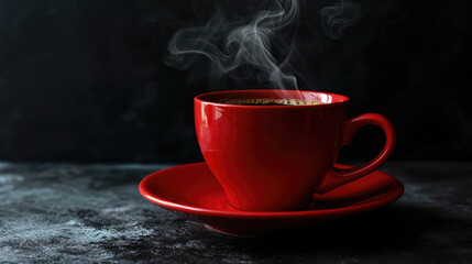 Poster - Bright red coffee cup filled with a steaming hot coffee, on a dark background