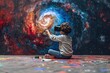 A child artist paints while wearing a virtual reality headset.