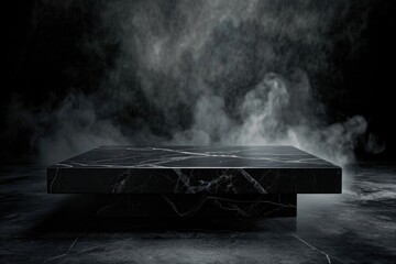 Wall Mural - Black Marble Table Podium in Dark Room with Smoke. Vintage Abstract Background for Product Display