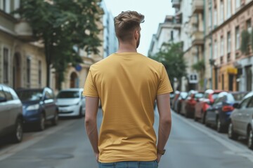 Wall Mural - Man In Gold Tshirt On The Street, Back View, Mock Up