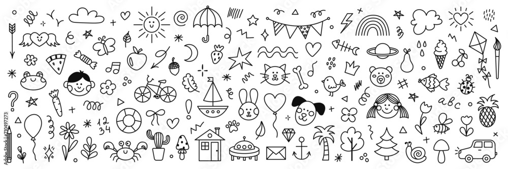 Cute hand drawn doodle set of simple kids decorative elements ...