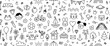© Vetriya - Cute hand drawn doodle vector seamless pattern of simple kids decorative elements. Collection of scribble, animal, flower, sun, cloud