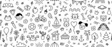 Cute Hand Drawn Doodle Vector Seamless Pattern Of Simple Kids Decorative Elements. Collection Of Scribble, Animal, Flower, Sun, Cloud