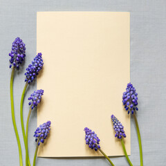 Poster - Rectangular mockup of empty sheet of paper. Green branches with purple inflorescences on a textile background. Blank greeting card mockup. Flat layout. Happy Mother's Day and Women's Day.