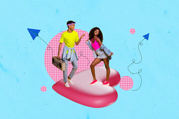 Wall Mural - Creative collage picture of two mini excited people dance big heart hold boombox flying paper planes isolated on blue background