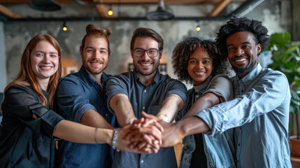 Sticker - Portrait of a diverse group of young adults stacking their hands together in a gesture of unity and teamwork, all smiling and looking at the camera.