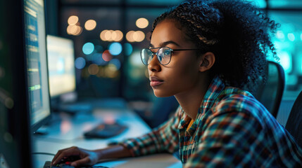 Focused female programmer working in a dark office environment, typing intently on a keyboard while multiple monitors display lines of code