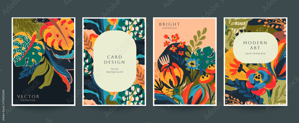 Set of four vector pre-made cards in modern style with nature motifs ...