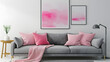 Grey sofa with pink pillows and blanket against white wall with abstract art poster. Interior design of modern living room, psychedelic, Anemoiacore, drawing, aerial view, Maya rendering, High contras