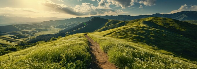  A scenic trail winding through a field of deep green grass, bordered by rolling hills. The early morning ambiance is bathed in the light of dawn, under a sky of brilliant blue dotted with clouds.