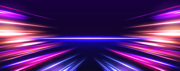 Wall Mural - Horizontal night road in the form of a panorama with neon lights. Car motion trails. Speed line motion vector background.