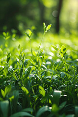 Wall Mural - Grass and green leaves in a forest, untouched nature a concept