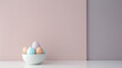 easter composition, easter eggs on the table in pastel colors. Minimalistic easter composition. generative ai