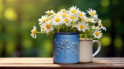 Canvas Print - Rustic white enamel mug filled with fresh white daisies on a wooden table with a soft-focus green garden background.